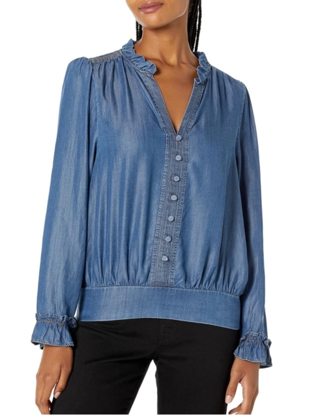 KARL LAGERFELD Paris Ruffle Trim Chambray Blouse
